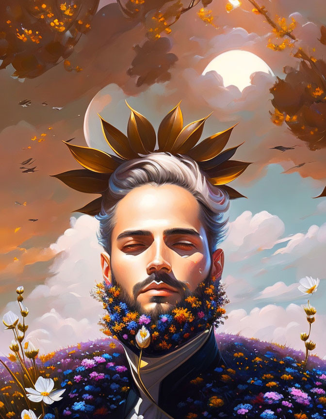 Man with flower beard and sun crown under moonlit sky