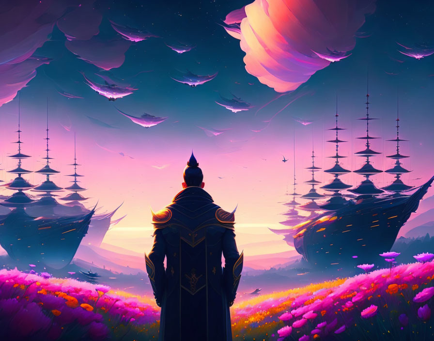 Cloaked figure in vibrant flower field gazes at surreal sunset with floating islands.