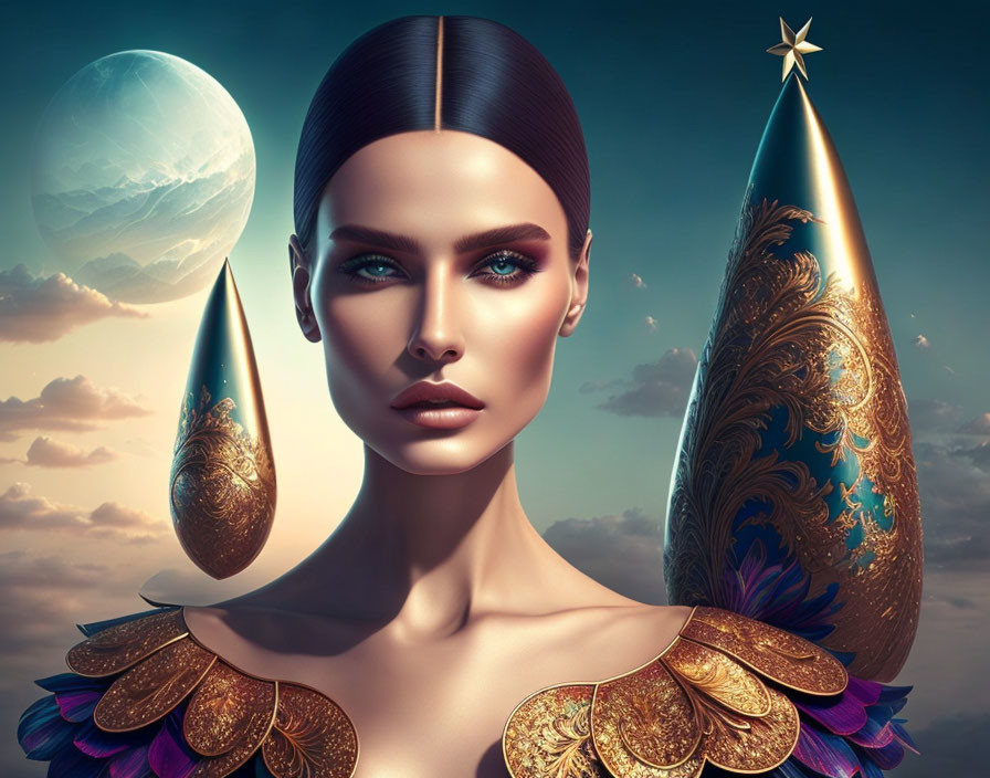 Surreal portrait of woman with metallic headdress under moonlit sky