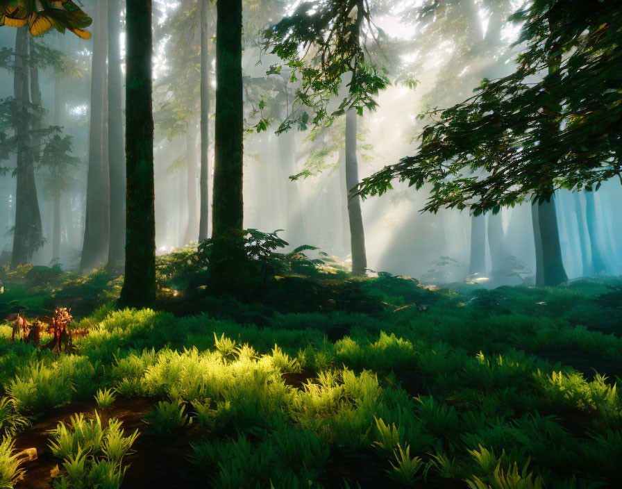 Misty forest scene with sunlight filtering through trees