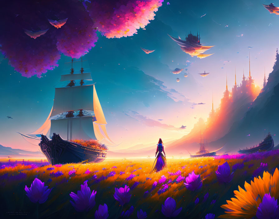 Person standing in vibrant flower field with ships, castle, and birds in sunset sky.