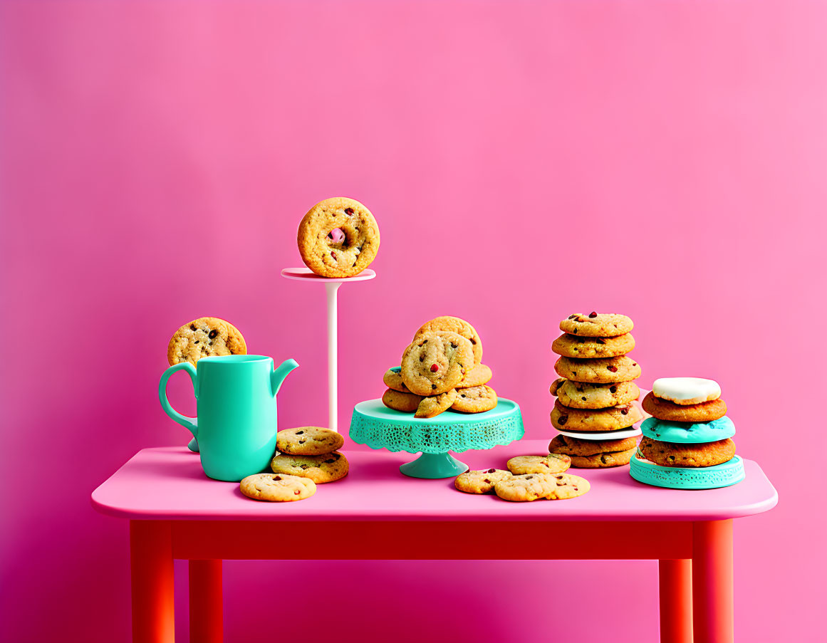 Vibrant cookie display on pink table with mint green accents