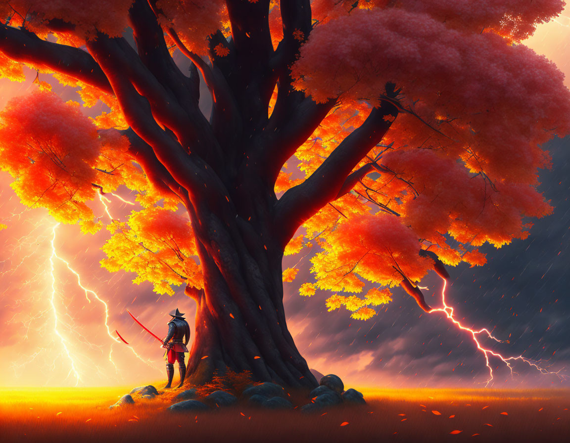 Samurai under fiery tree with lightning in stormy sky