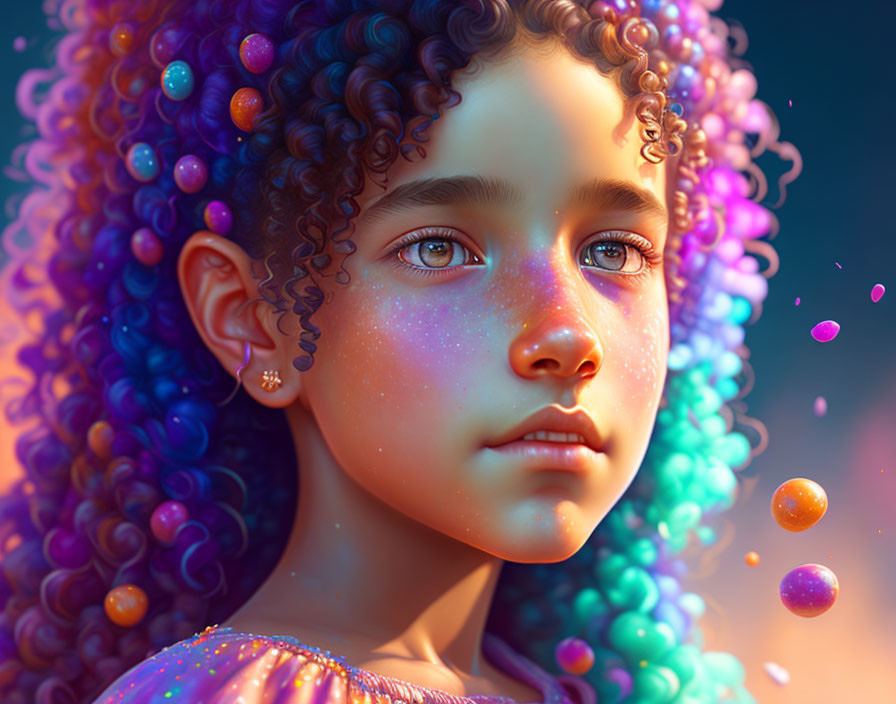 Young girl with curly hair and glittery face surrounded by luminescent orbs