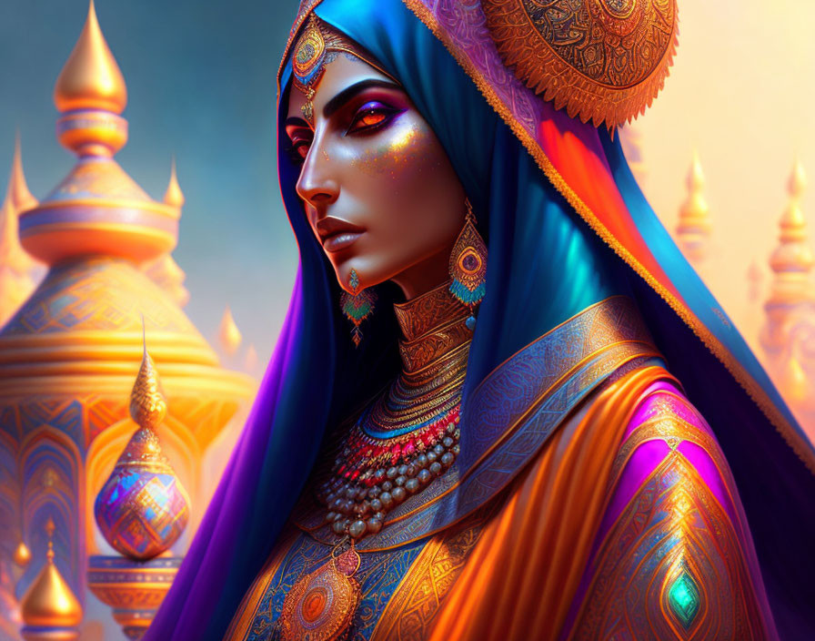 Woman in ornate clothing and headpiece against exotic palace backdrop in bold blues and golds