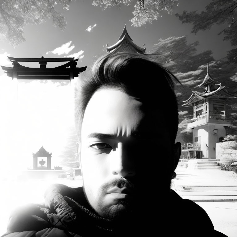 Monochrome portrait overlaid on Asian temple landscape