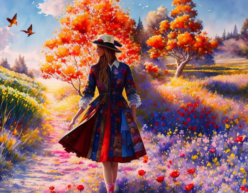 Woman in colorful dress strolling through vibrant flower field