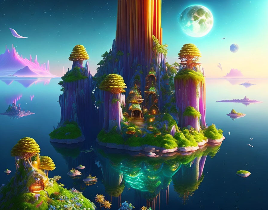 Fantastical landscape with floating islands, waterfalls, lush vegetation, glowing trees, starry sky