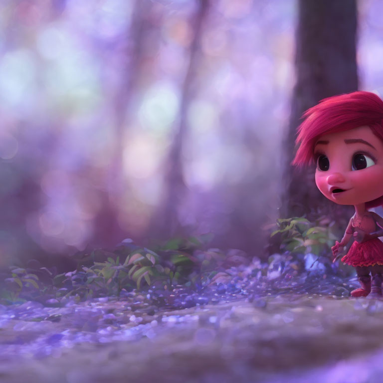 Red-Haired Animated Girl in Purple Forest