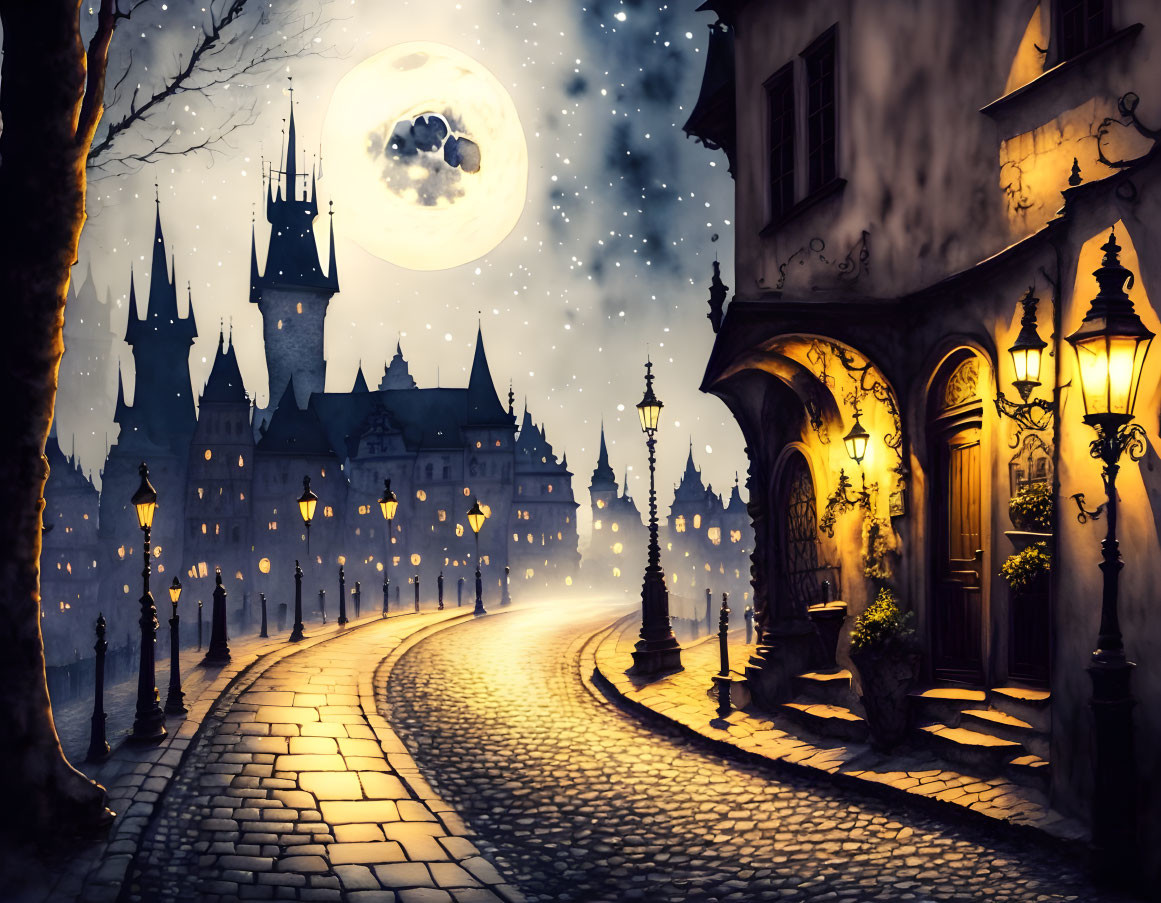 Mystical night scene: cobblestone street, castle, full moon, glowing lanterns,