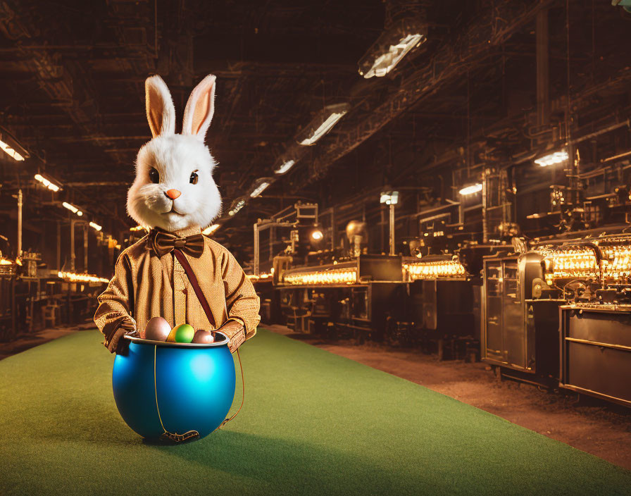 Person in Rabbit Costume Holding Easter Basket in Industrial Setting