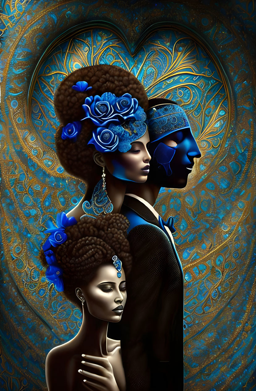 Three figures with blue flower hair and golden heart background.