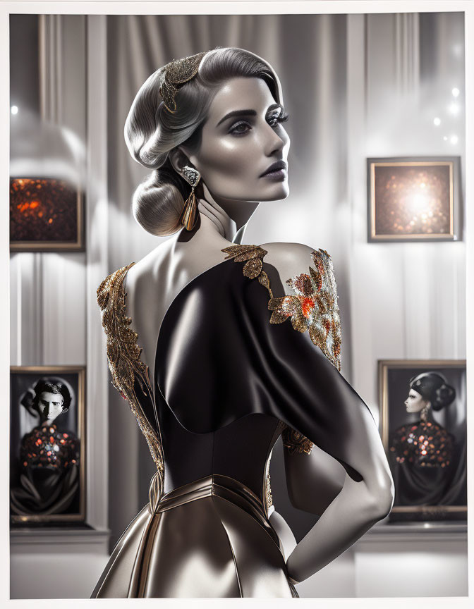 Vintage Hairstyle and Black Dress with Golden Embroidery in Classic Room