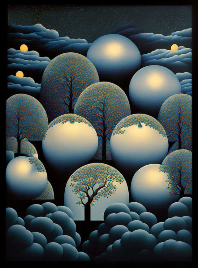 Surreal artwork: Glowing moon-like trees under starry sky