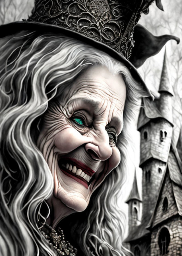 Illustration of cackling old witch with pointed hat in front of spooky castle