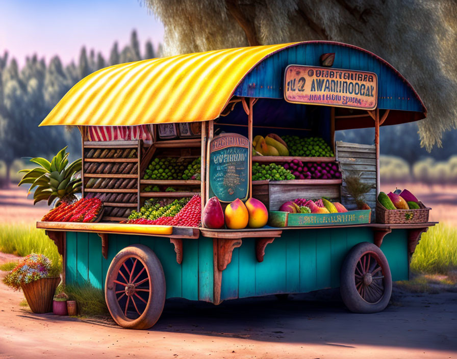 Vibrant fruit stall with striped awning in countryside setting