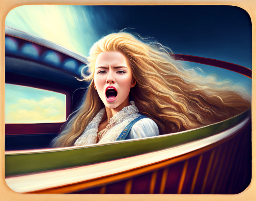 Blonde Woman Riding Roller Coaster Under Blue Sky