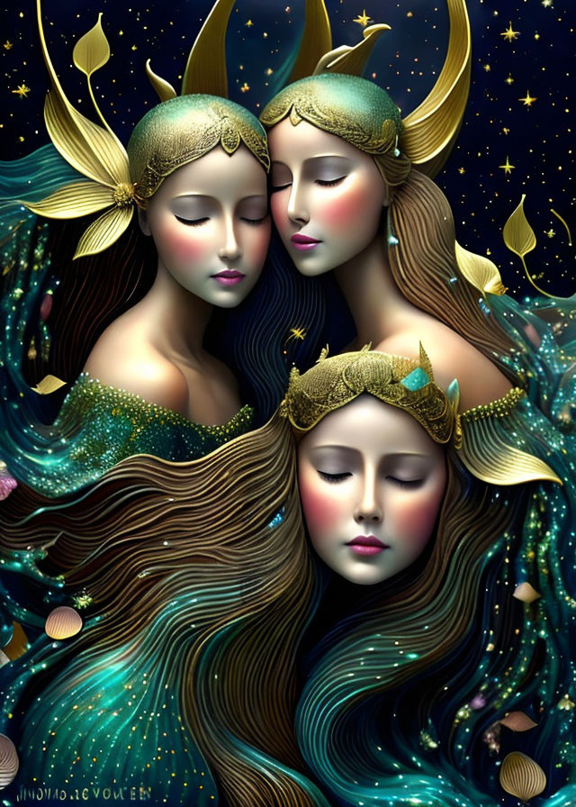 Three ethereal female figures with moon and star motifs in flowing hair on starry background