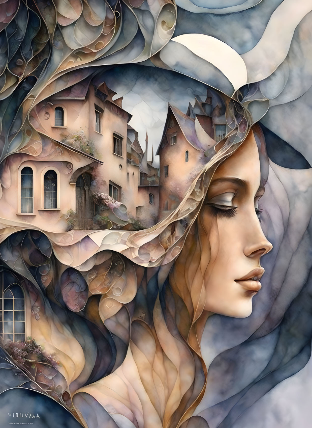 Surreal illustration of woman's profile with whimsical architecture in muted tones