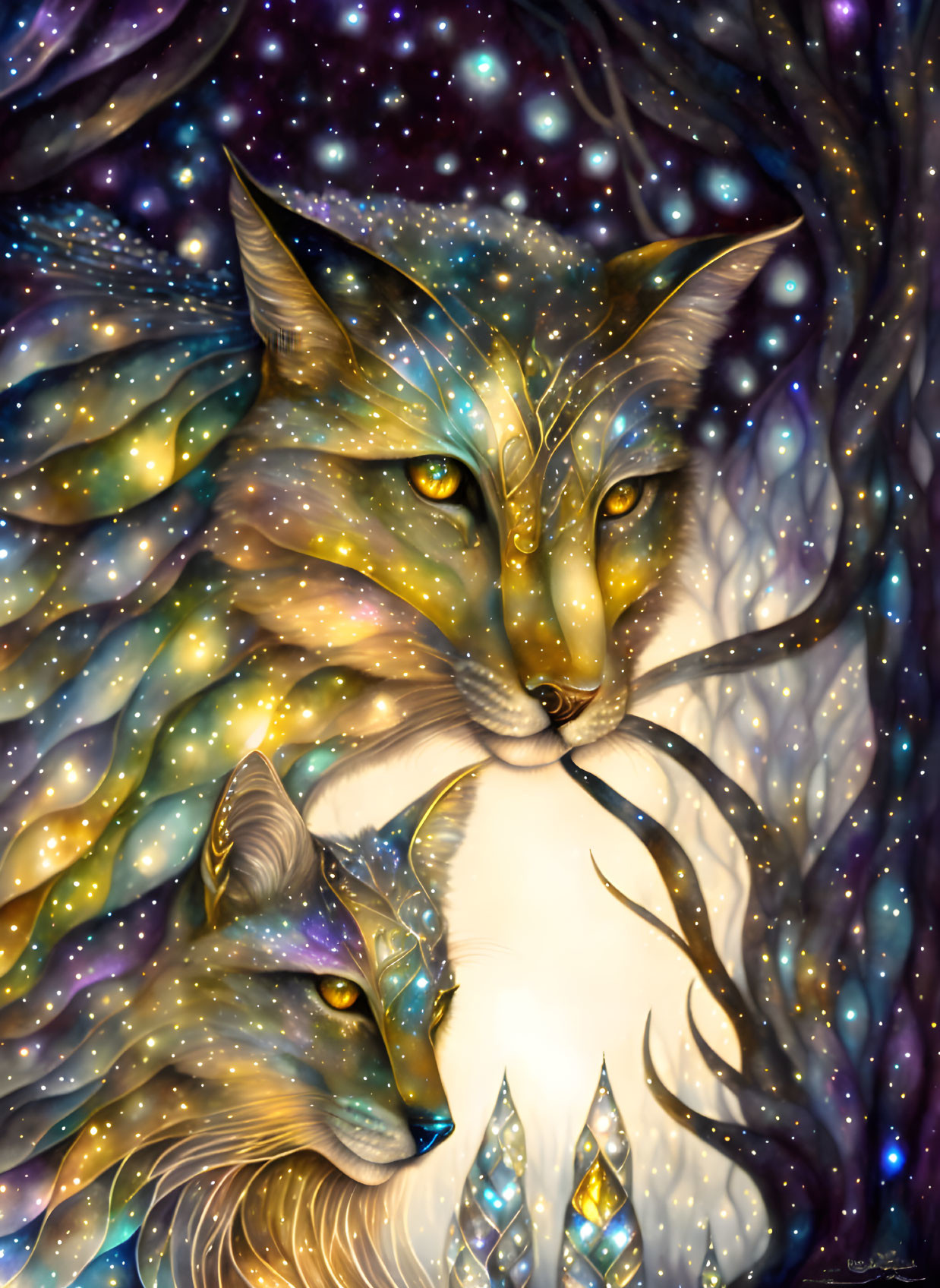 Ethereal foxes in mystical starry night setting