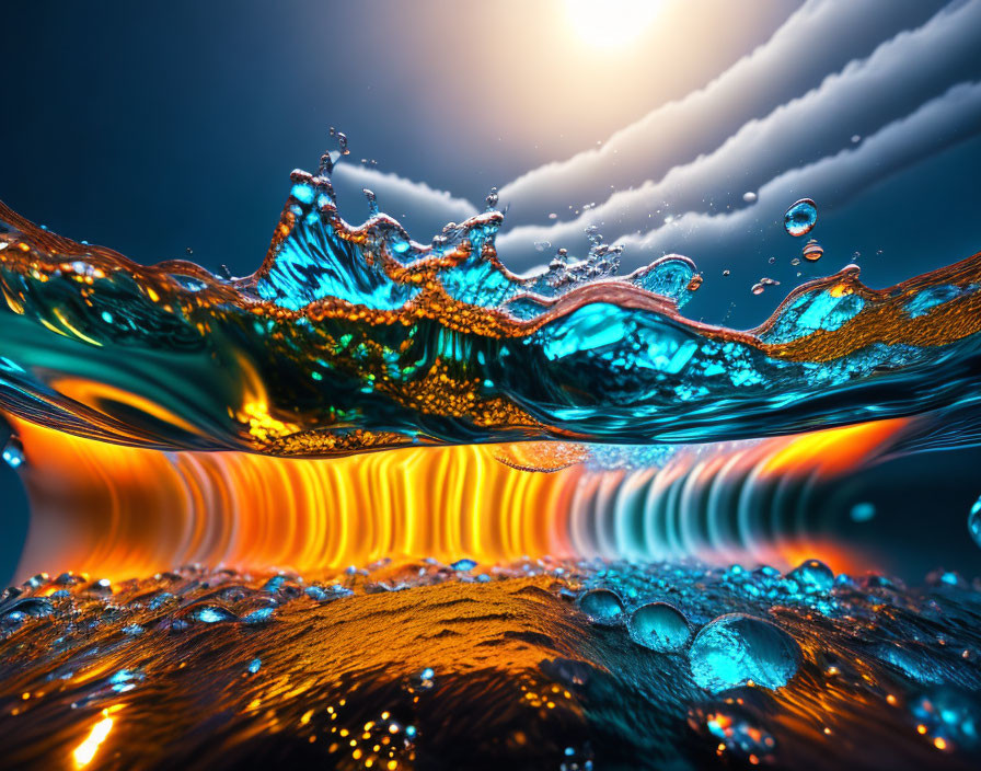 Vibrant Orange and Blue Water Surface Close-Up with Splashes and Ripples