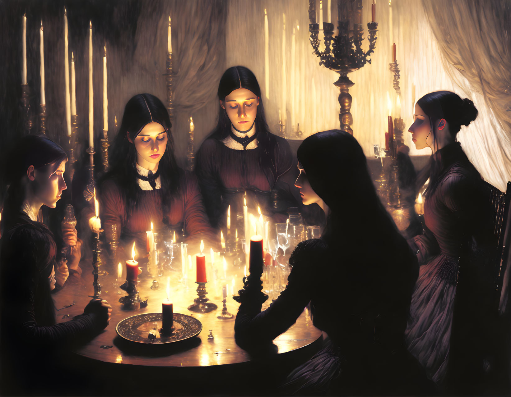 Five Individuals Gathered Around Candle-Lit Table in Mysterious Scene