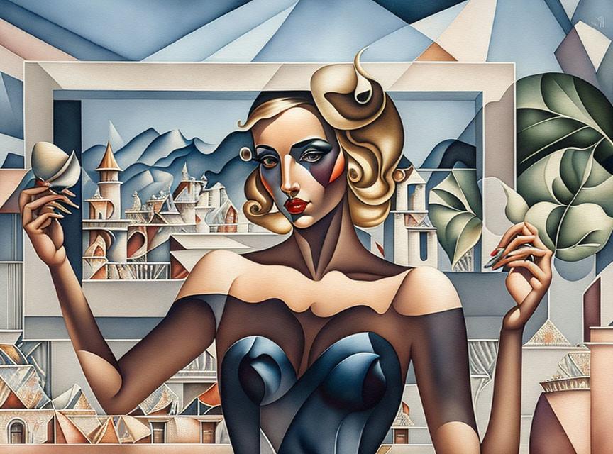 Stylized woman with dramatic makeup and wavy hair in cubist landscape.