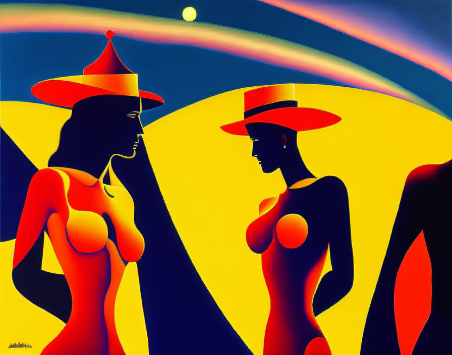 Silhouetted female figures in vibrant hats on colorful background with curved shapes.