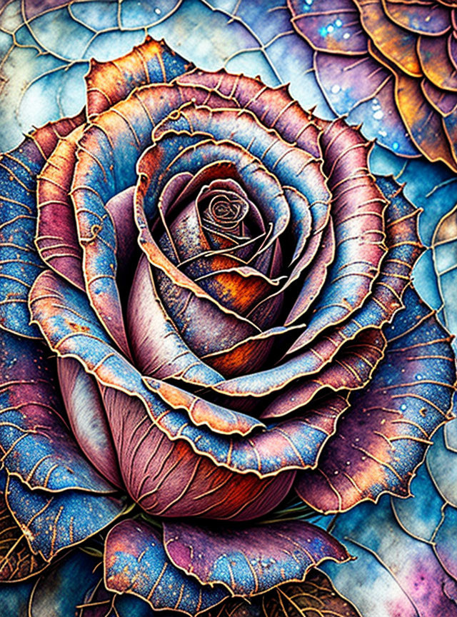 Close-up vibrant rose with blue and purple hues.