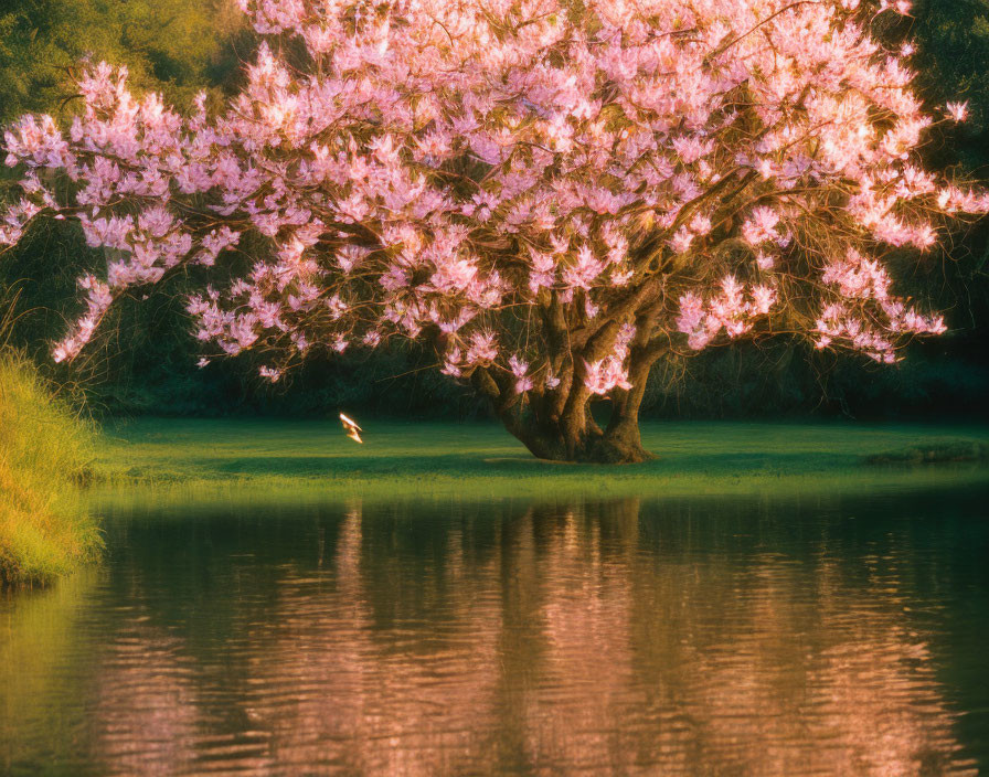 Tranquil cherry blossom tree near calm lake in warm sunlight