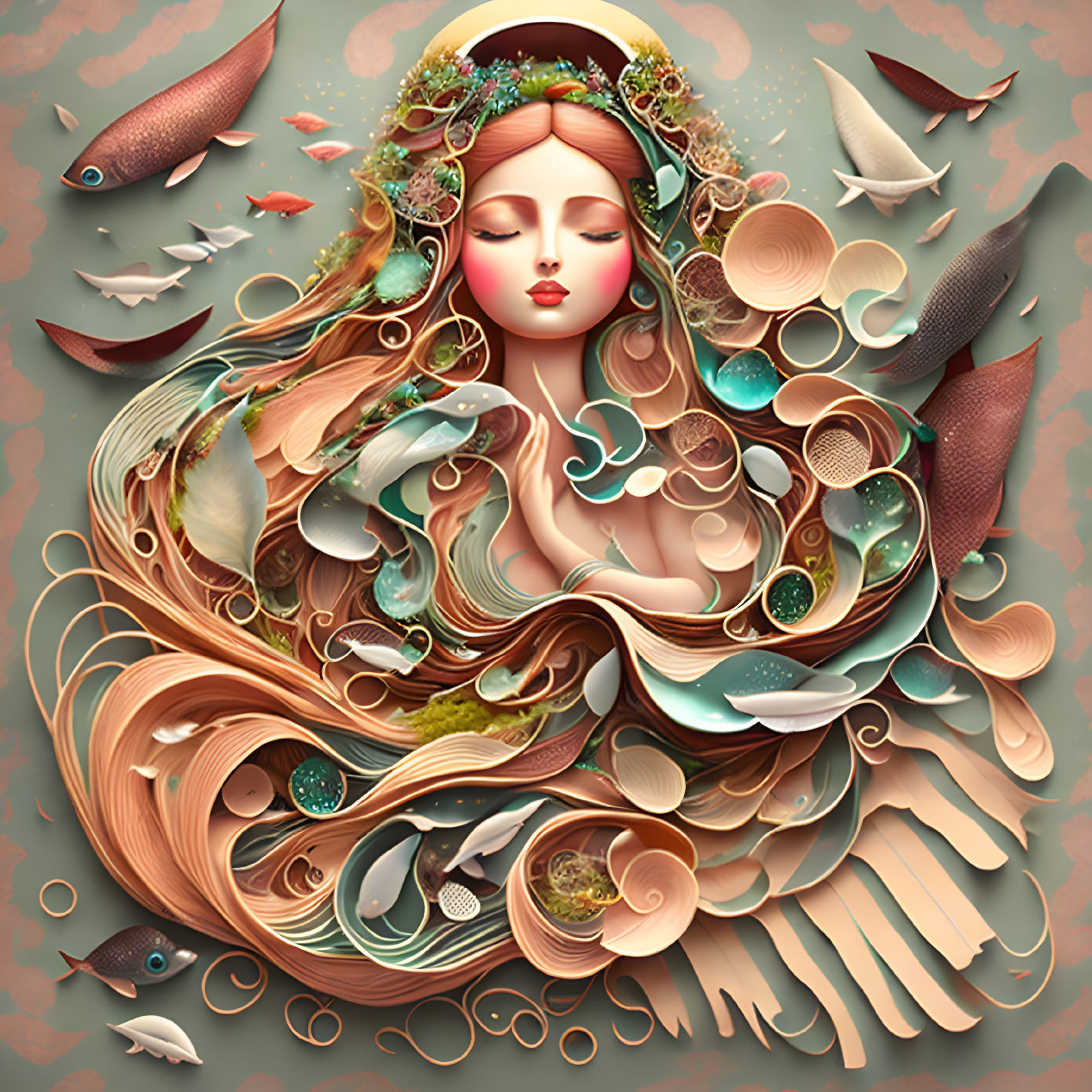 Colorful artwork: Woman with flowing hair and marine elements