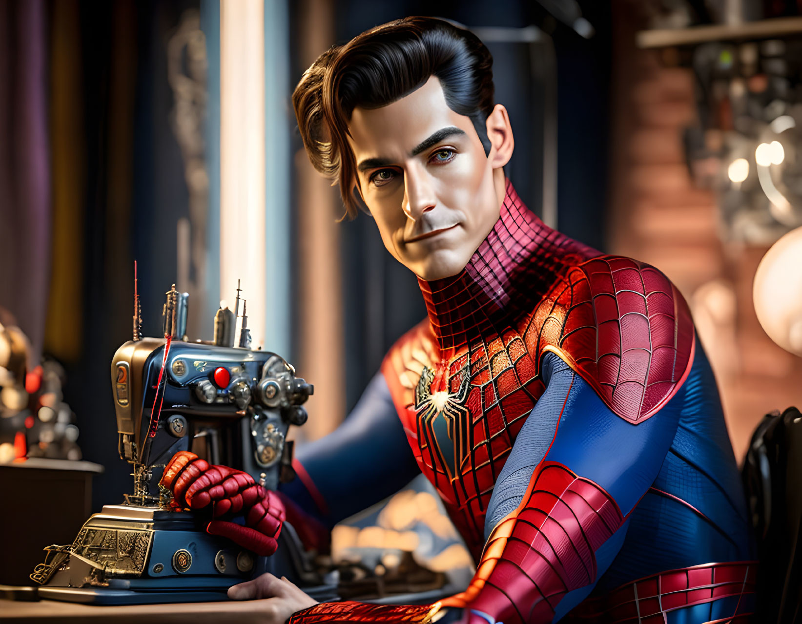 Detailed Spider-Man Figure Sewing Suit in Workshop