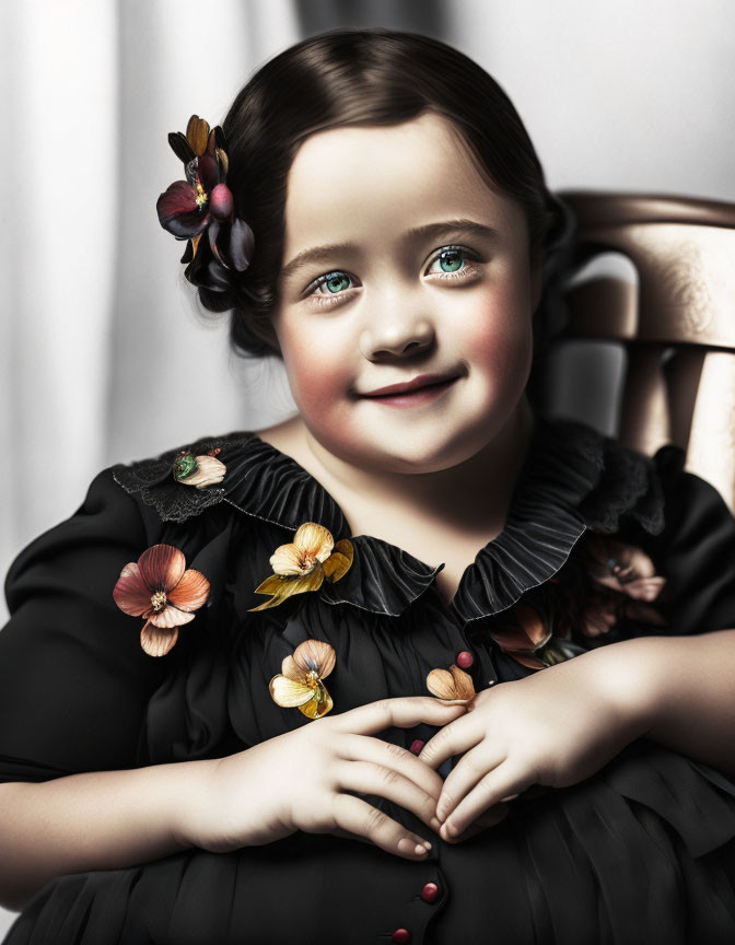 Colorized portrait of young girl smiling in black dress with flowers.