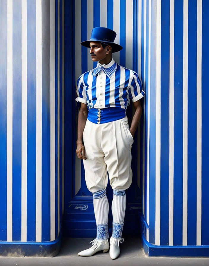 Vintage Outfit Man in Blue and White Stripes Between Optical Illusion Walls