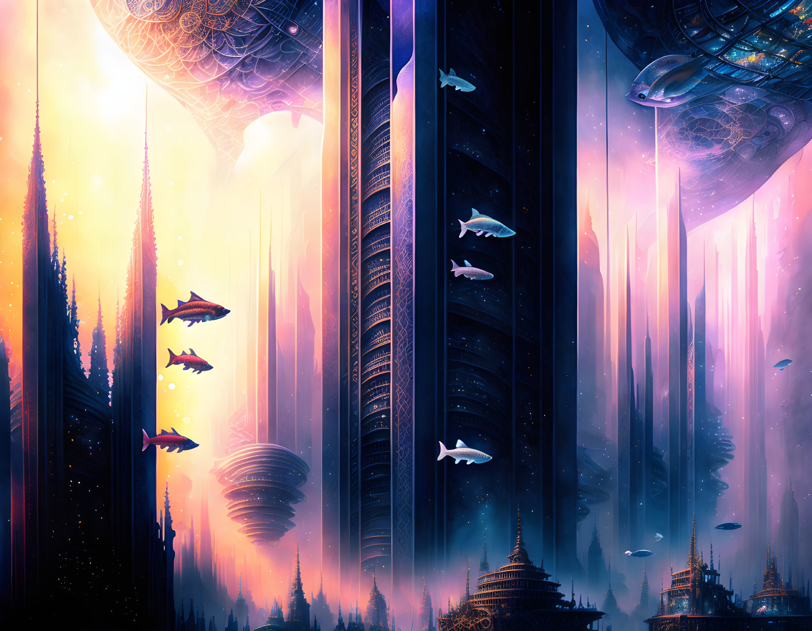 Futuristic sci-fi cityscape with marine-like spacecraft in cosmic sky