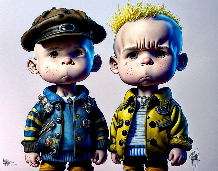 Stylized cartoon toddlers with exaggerated features in blue and yellow outfits