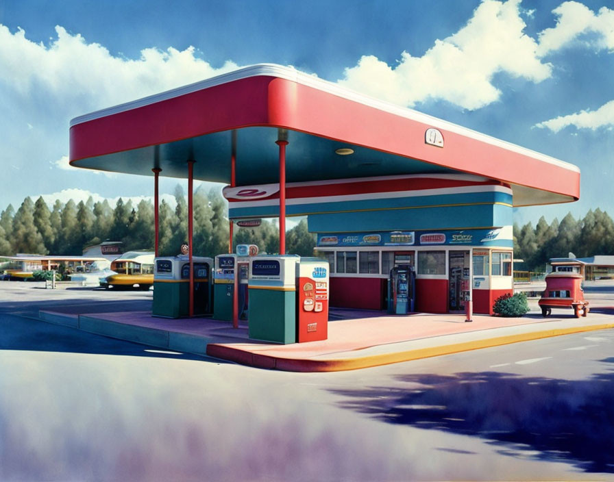 Vintage Gas Station Illustration with Red and Blue Color Scheme and Classic Yellow School Bus