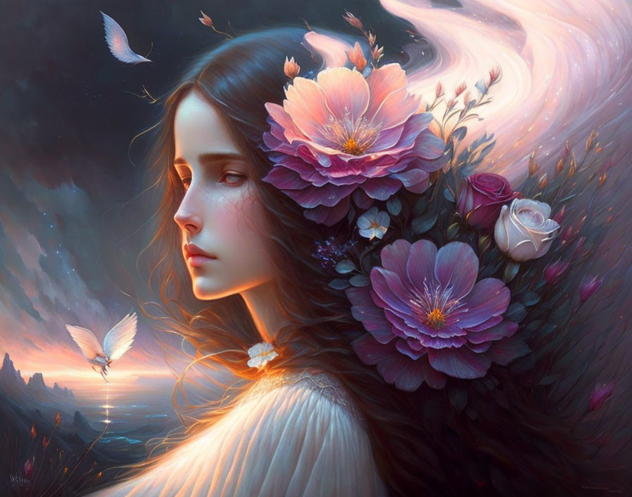 Fantasy Artwork: Woman with Flowers and Butterflies in Twilight