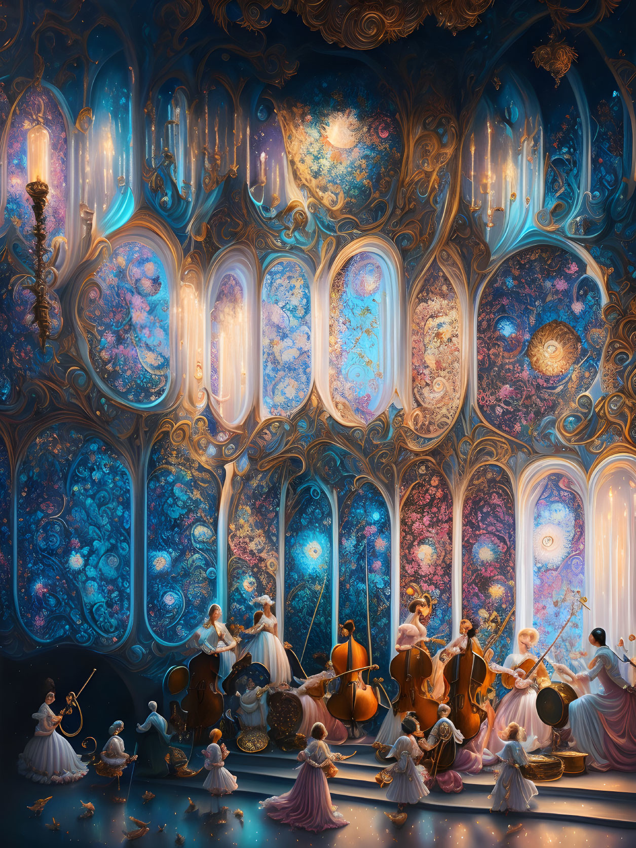 Ethereal orchestra room with cosmic motifs and floating musicians in elegant attire