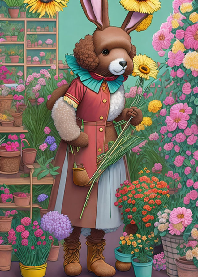 Anthropomorphic rabbit in red jacket and blue pants among colorful flowers with sunflower and wheat stalks