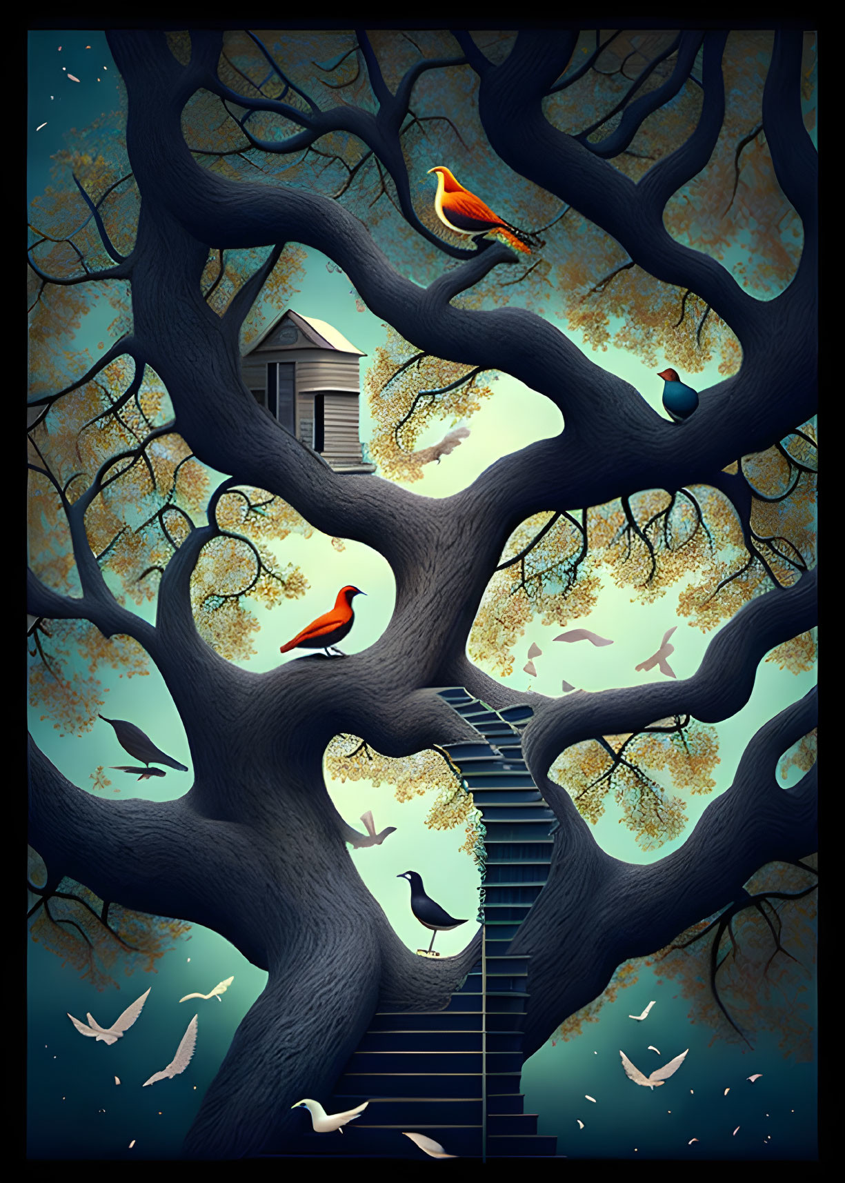 Whimsical tree illustration with colorful birds and wooden hut at twilight