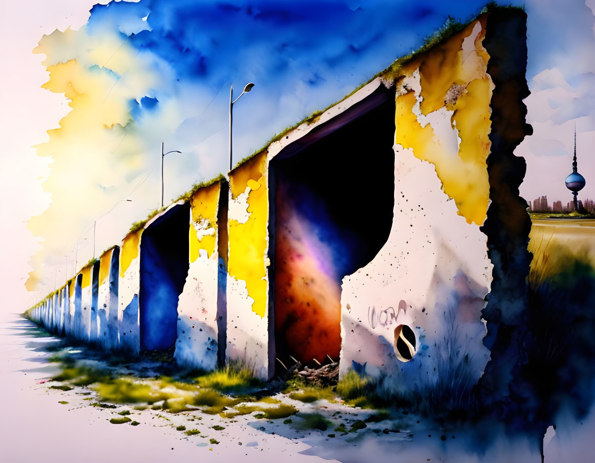 Surreal painting: Melting bridge over city skyline