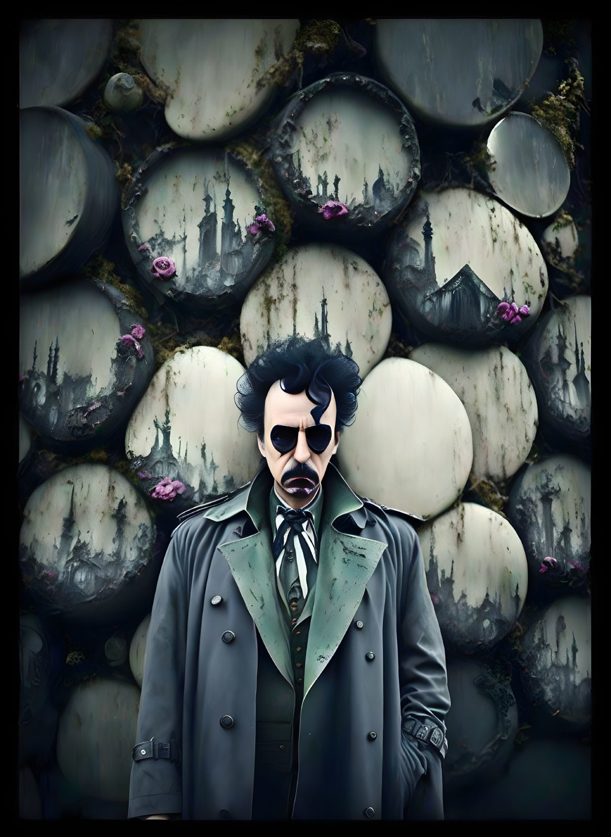 Man with dark mustache and sunglasses in trench coat stands amidst surreal oversized skulls and castles.