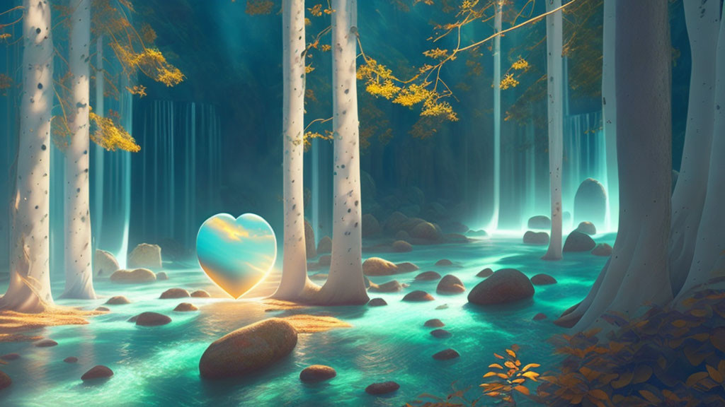 Ethereal forest scene with heart-shaped crystal, white trees, golden leaves, blue light.