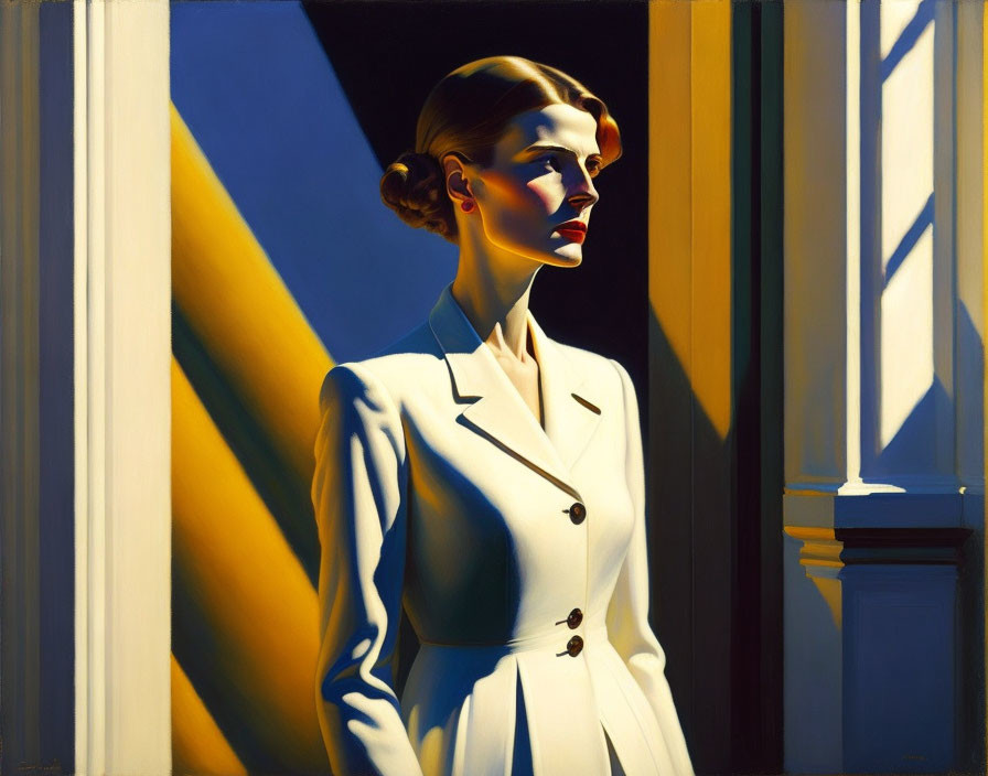 Woman in White Suit in Room with Stark Light and Shadow Contrasts