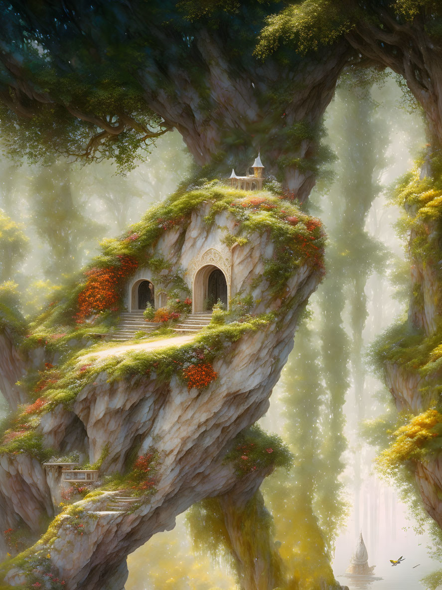 Cliffside dwelling with greenery, red flowers, waterfall, ancient trees, mist