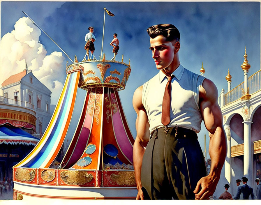 Vintage carnival strongman poses confidently by carousel.