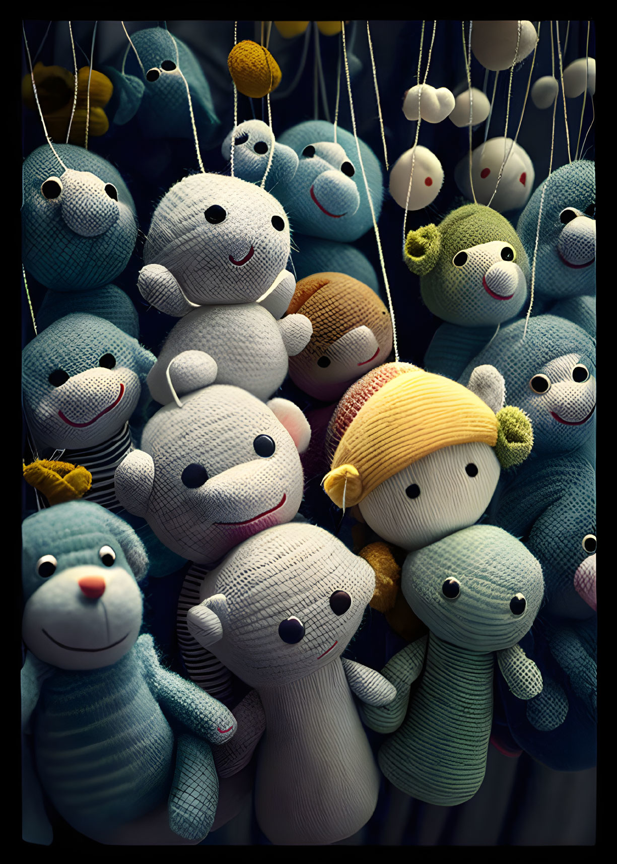 Colorful plush toys with smiling faces on strings against a dark backdrop