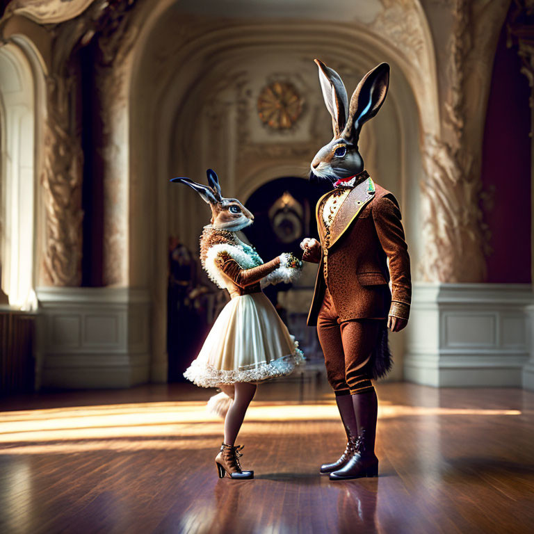 Anthropomorphic rabbits in elegant attire dancing in a grand, sunlit room with classical architecture.