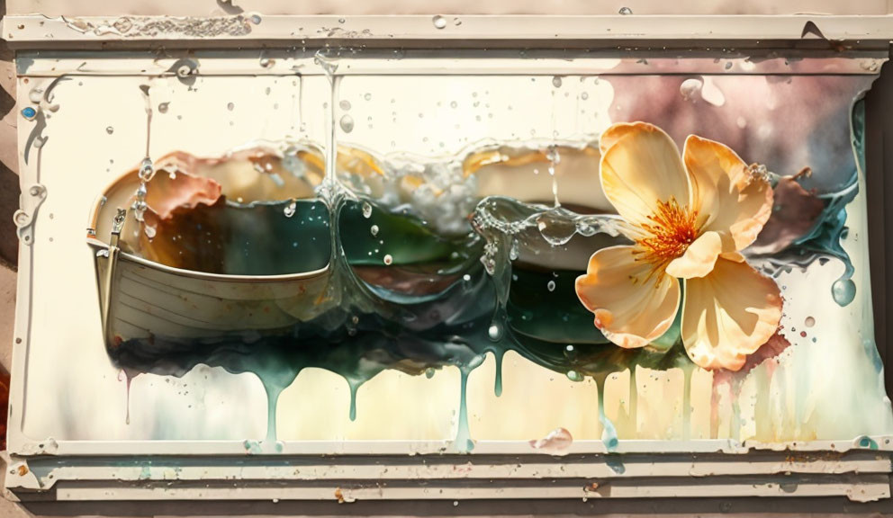 Digitally altered image of vibrant flower, boat, and colorful liquid in window